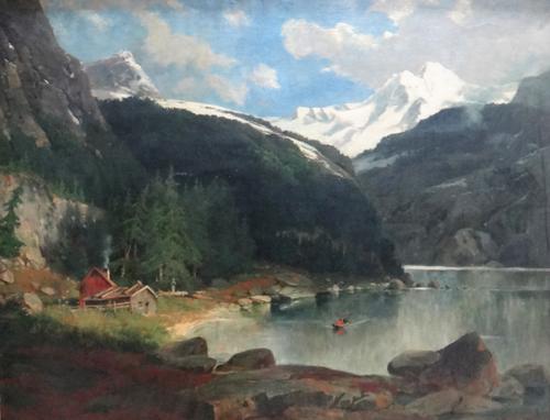 Continental School (20th century), Mountainous lake scene, oil on canvas, bears inscription 'Otto Sinding' on reverse, 88cm x 114cm.