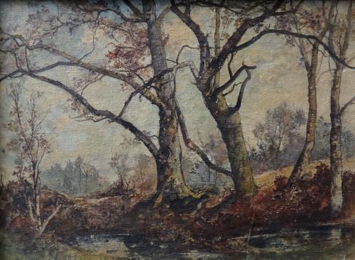 Oliver Hall (1869-1957), Three oil on canvas; Early spring, Bandsea Forest, signed, inscribed on label verso, 54cm x 70cm,  A Dorset Mill, signed, ins