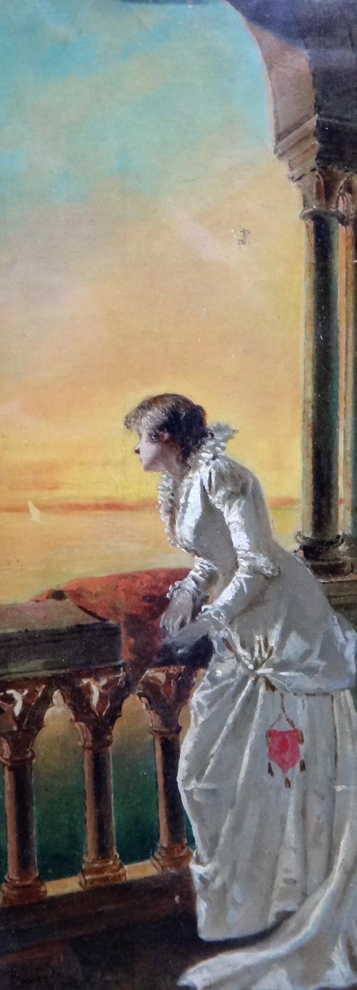 Salvador Sanchez Barbudo (1858-1917), Lady on a balcony overlooking the sea, oil on canvas, signed, 32cm x 12cm.
