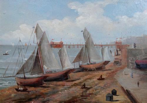 English School (19th century), View of boats on the beach, near the Pier in Brighton, oil on card, 10.5cm x 13.5cm.