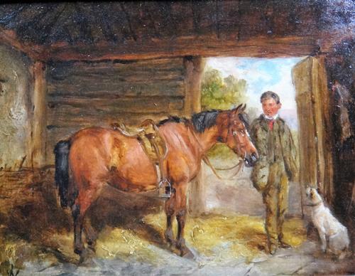 John Alfred Wheeler (1821-1903), Stable scene with horse, boy and dog, oil on board, signed with monogram, 17cm x 22cm.