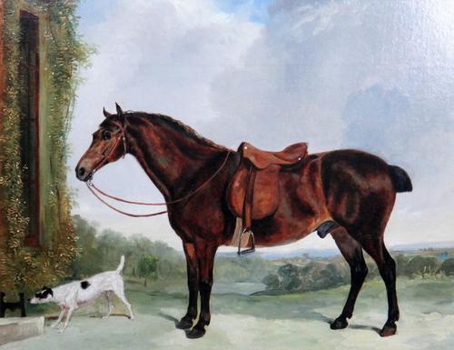 John Wray Snow (1801-1854), A Bay hunter and dog, oil on canvas, bears later inscription on reverse, 26cm x 34cm.