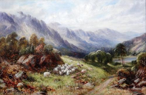 Robert John Hammond (fl.1882-1911), Highland landscape with sheep grazing, oil onm canvas, signed, 39cm x 60cm.