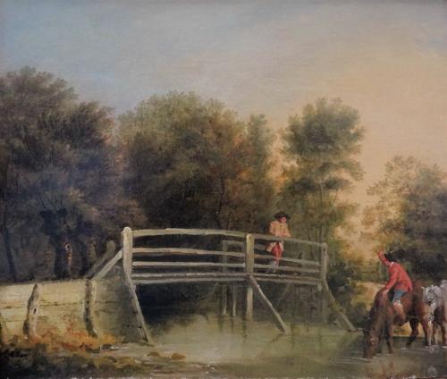 English School (early 19th century), Figures and horse watering by a footbridge, oil on canvas, 24.5cm x 29cm.