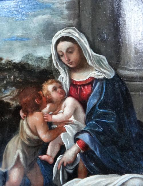 After Guido Reni, The Madonna, child and infant St John, oil on panel, 24cm x 19cm.; together with a further oil of the Virgin Mary by another hand.(2