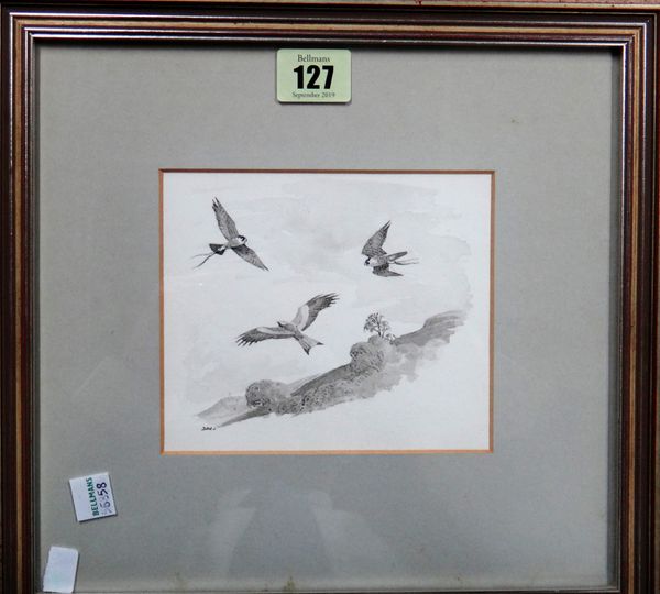 A group of three, including a monochrome study of Peregrines attacking Red Kite, by Donald Watson, a 'Spy' print of Tom Cannon, and an etching of hors