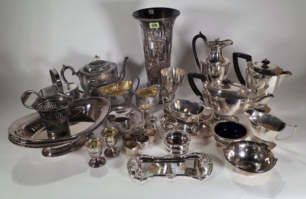 Silver plated wares, including; a vase of tapering form, tea pots, jugs, napkin rings and flatware, (qty).