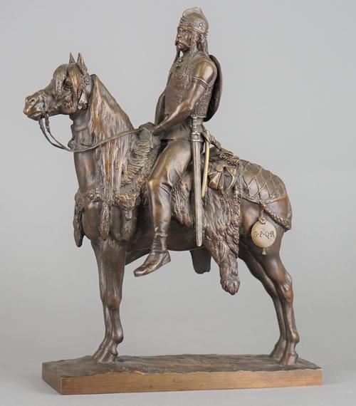 After Emamanuel Fremiet (1824-1910), a French patinated bronze equestrian figure group 'Cavalier Roman', signed E FREMIET to the cast and stamped F Ba