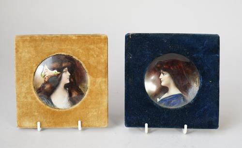 After Jean Jacques Henner (1829-1905) a pair of enamel on copper miniatures, late 19th century, depicting two Art Nouveau female busts, signed 'Henner
