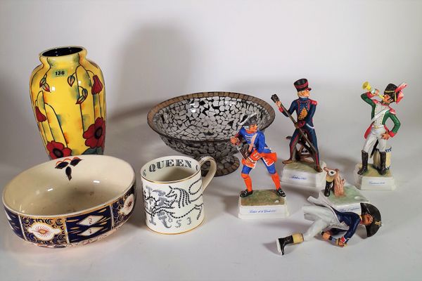 Ceramics, including; a group of four Goeble figures, a Tuscan Ware vase, a glass dish and sundry, (qty). S3M