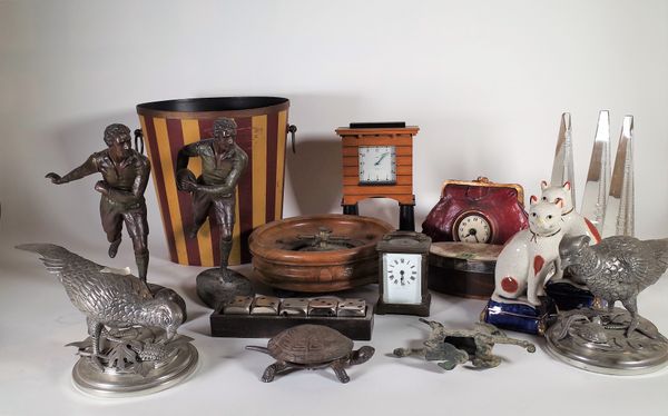 A group of 20th century decorative items including spelter figures, clocks, plated models of pheasants and sundry, (qty). S3TProvenance; property from