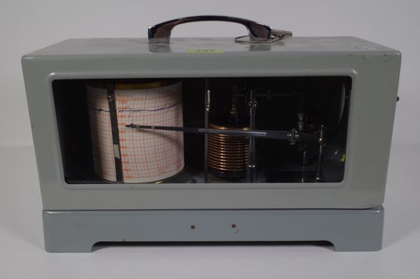 'Ota, Tokyo', a mid-20th century Japanese naval barograph within a grey metal case, 31cm wide x 18cm high. CAB