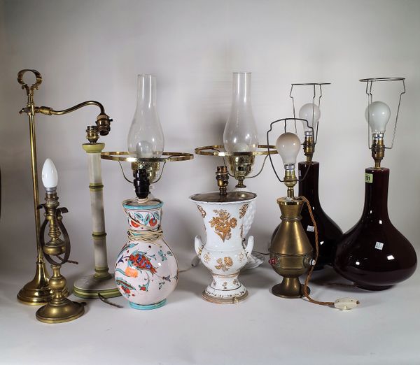 A group of five pairs of 20th century decorative table lamps, including brass and ceramic examples, (5 pairs). S3B