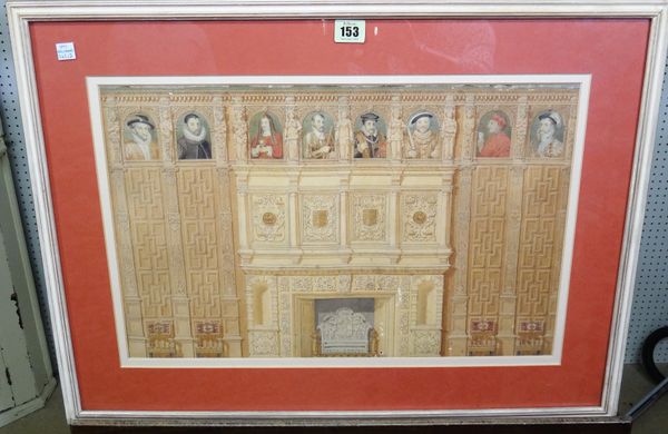 English School (19th century), A view of a decorative panelled wall depicting the Tudor court, watercolour, 32cm x 50cm.