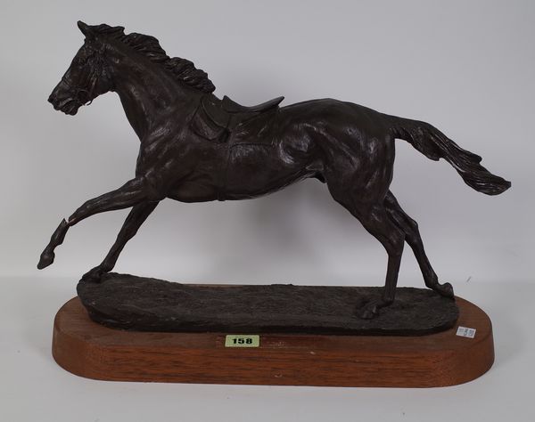 A 20th century spelter model of a racehorse, 35cm high x 45cm wide (a.f.).