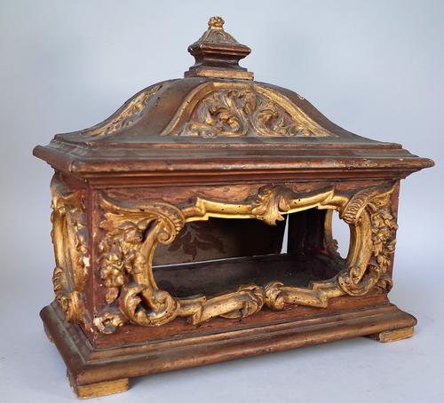 A 19th century Italian parcel gilt polychrome painted table top cabinet, 45cm wide x 40cm high.