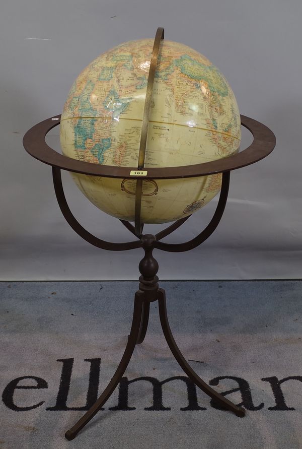 A 20th century globe, on a wrought iron stand, 55cm wide x 98cm high.