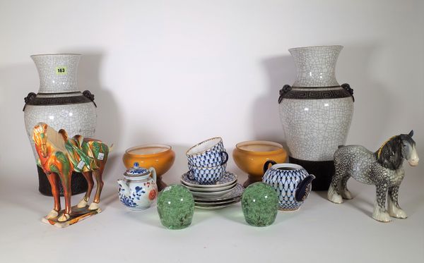 Ceramics, including a pair of 20th century Asian craquelure vases, a Tang style horse, paperweights and sundry. S4T