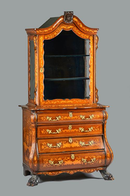 A late 18th century Dutch floral marquetry inlaid display cabinet chest, the bonnet top over glazed door and sides, the bombe base of four long gradua