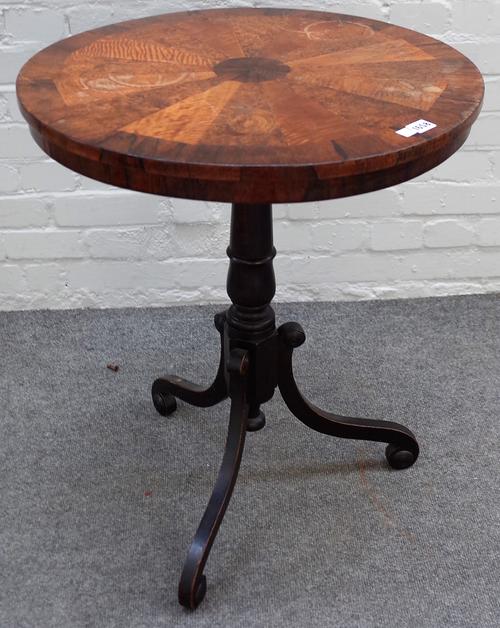 A 19th century occasional table, the circular rosewood top Stellar veneered with specimen wood on tripod base, 59cm diameter x 72cm high.