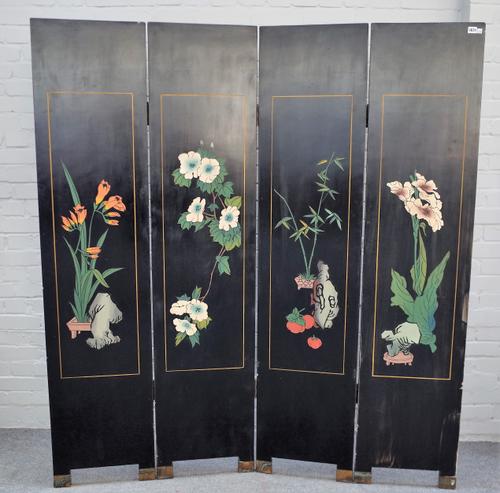 An Eastern lacquer four fold screen decorated with water birds in a lake scene, 164cm wide x 183cm high.