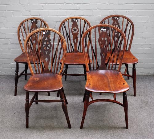 Two 19th century yew and elm stick back Windsor chairs with crinoline stretcher together with three other ash and elm stick back chairs, all approx. 4