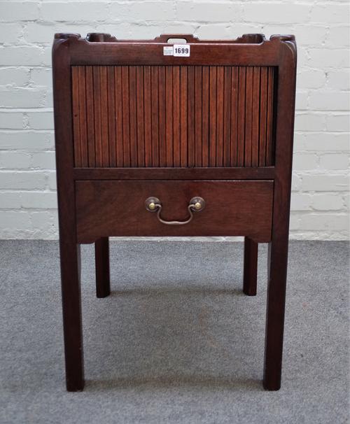 An 18th century style mahogany tray top commode, with tambour panel over drawer, 49cm wide x 79cm high.