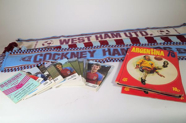 Football interest, a quantity of West Ham football programs, scarves and sundry. S2B