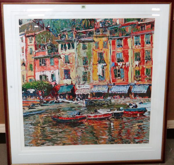 Marco Sassone (b.1942), Waterfront, colour serigraph, signed, 91cm x 91cm.