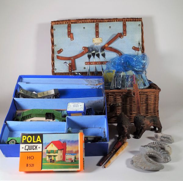 Collectables including rocks, fossils, train set, marbles, a hamper and sundry. S2B