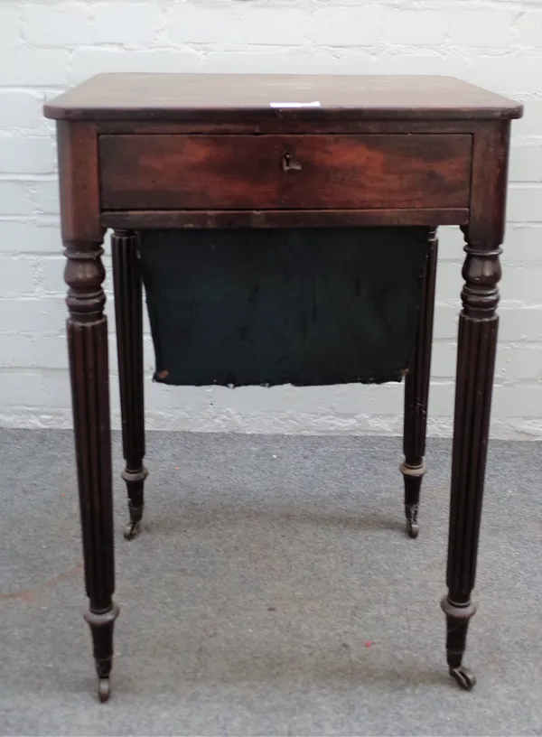 A Regency mahogany work table with fitted drawer over wool box on reeded supports, 51cm wide x 73cm high.