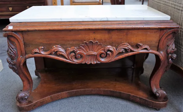 A 19th century low marble top console with carved mahogany single drawer base on scroll supports, 83cm wide x 56cm high.