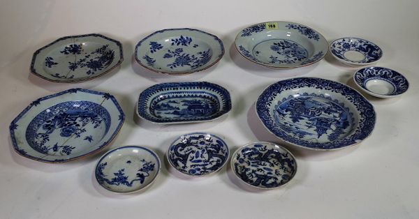 Chinese blue and white export porcelain, 18th century and later, including; nine variously decorated plates, a sauceboat, a pair of small sauce tureen