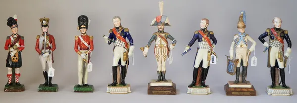 Three Dresden porcelain military figures; by Massena, Devoust and Bernadette, 29cm high, three Sitzendorf porcelain military figures; Highlanders 93rd