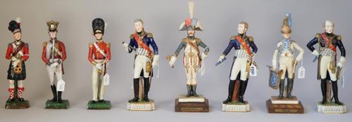 Three Dresden porcelain military figures; by Massena, Devoust and Bernadette, 29cm high, three Sitzendorf porcelain military figures; Highlanders 93rd
