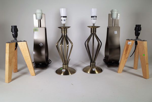 A group of three pairs of 20th century decorative table lamps, including metal and wooden examples. (3). S2T