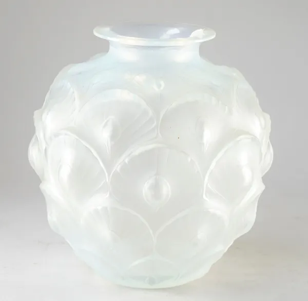 A Sabino opalescent glass vase, 20th century, relief moulded with peacock feathers against a globular ground, etched 'Sabino France' to base, 19cm hig