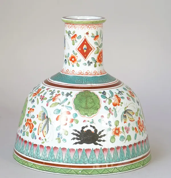 An unusual Staffordshire pottery vase or hookah base, 19th century, painted in Chinese famille- rose style with scattered flowers, insects and crabs a