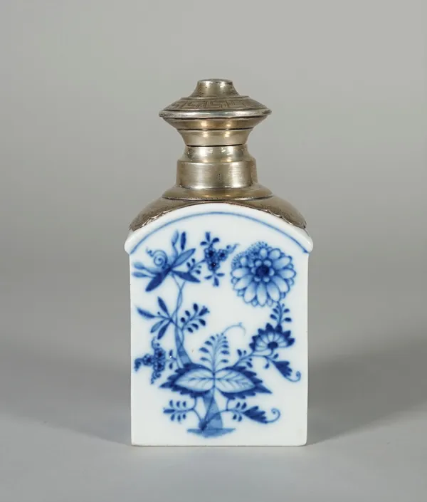 A Meissen arched rectangular tea caddy, late 18th/early 19th century, painted in underglaze-blue with the `Onion' pattern, later Belgian silver mounts