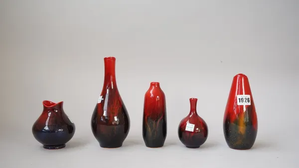 A group of five Royal Doulton veined flambé small vases, shapes 1612, 1613,1614, 1605 and 1606, black printed and impressed marks, sizes 11.5cm. to 20