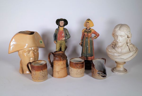 Ceramics, including; Lambeth pottery, a Nelson Toby jug, a pair of Continental pottery figures and stoneware tankards, (qty.). S4T