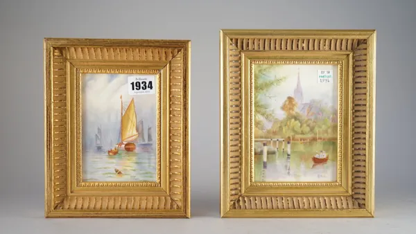 Two earthenware rectangular plaques, 20th century, painted by former Royal Worcester artist, E.R.Booth, signed, with a view of Marlow and boats at sea