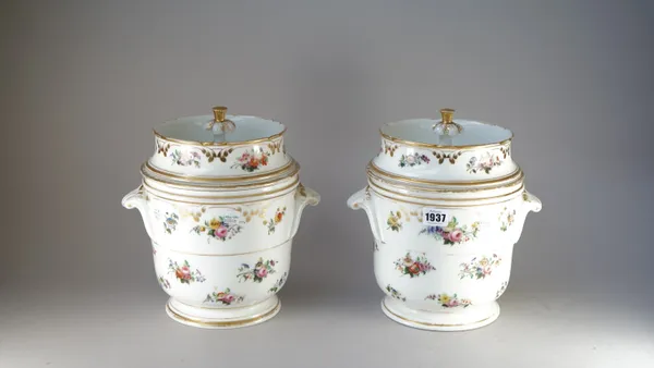 A pair of Paris porcelain ice pails, liners and covers, painted with flowers and heightened with gilt, with incised letter 'L' to base, (2).