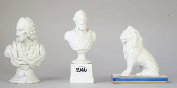 A French biscuit porcelain bust, 19th century, depicting 'Voltaire', 16cm high, one further French bust of Henry IV of France, 17.5cm high and a biscu