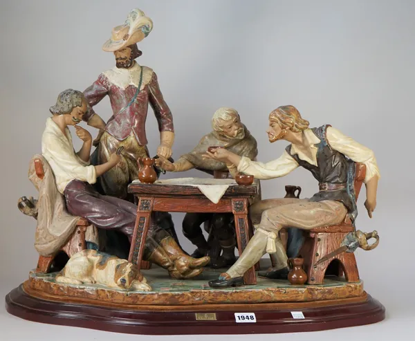 A Lladro matt glaze figure group 'Men Playing Cards' Huenta & Ruiz to the base on a shaped wooden plinth, 51cm high overall.