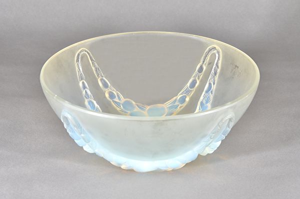 A  Lalique 'Villeneuve' opalescent glass bowl, designed 1928, No 402, 31cm diamater. Illustrated.