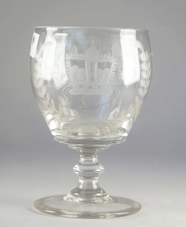 A Queen Caroline commemorative engraved glass goblet, dated 1820 but probably 20th century, the bowl engraved on one side `Queen Caroline 1820, the re