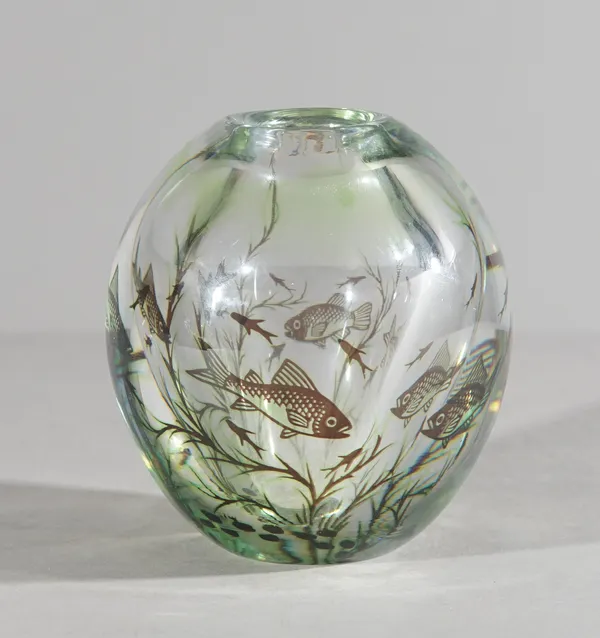 Edvard Hald 'Graal' fish vase for Orrefors, circa. 1955, green, brown and clear glass, signed 'ORREFORS GRAAL 17980 Edvard Hald'. 12.5cm high. Illustr