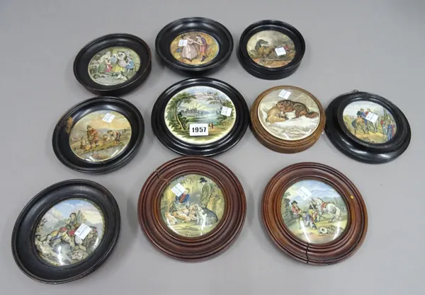 Ten Prattware pot lids, 19th century, including; 'A letter from the Diggins', 'The Snow Drift', 'I see you my boy', 'War', 'The Game Bag' and five oth