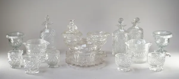 A group of cut glass, 19th century, comprising; three piggins, 7.5cm. high; two wine glass coolers, 10cm. high; two small jars or salts, 7.5cm.high; t